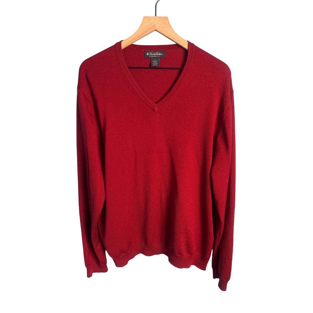 Brooks Brothers Mens Red Merino Wool V-Neck Sweater L Preppy Old Money Aesthetic
